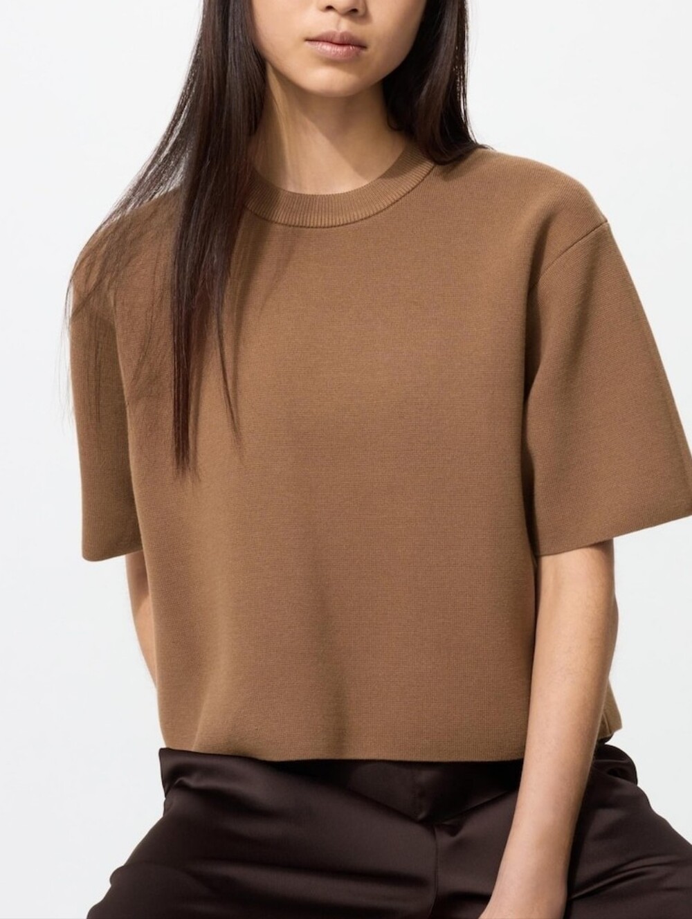 Uniqlo Washable Milano Ribbed Brown Sweater, Short Sleeve